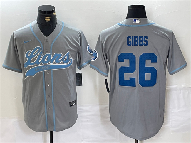Men's Detroit Lions #26 Jahmyr Gibbs Gray Cool Base Stitched Baseball Jersey